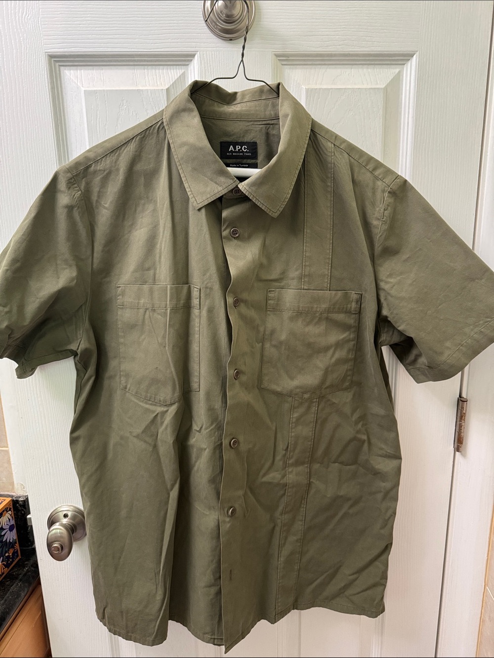 A.P.C. Olive Utility Short Sleeve Button-Up